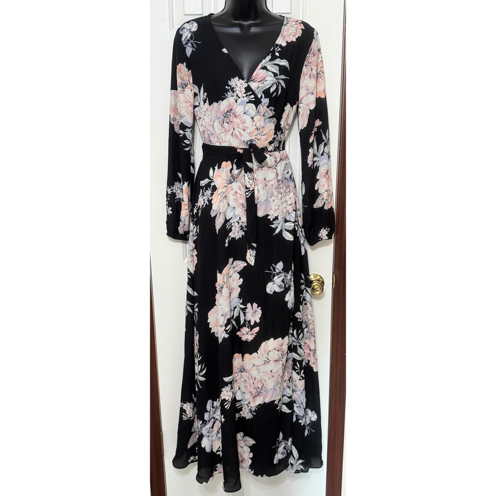 Gianni Bini Black Floral Maxi Dress Long Sleeve Wrap Belted Women's Small